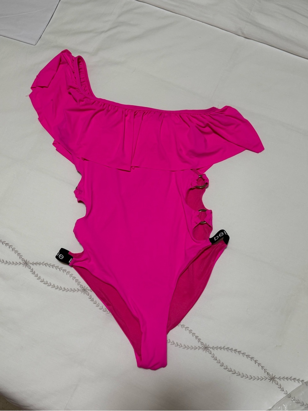 BEBE Hot Pink Off-Shoulder One-Piece Swimsuit